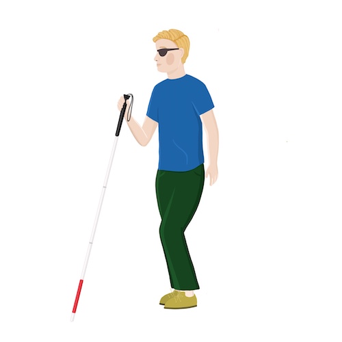 Drawing of a man with dark glasses walking holding a white cane in his hand.